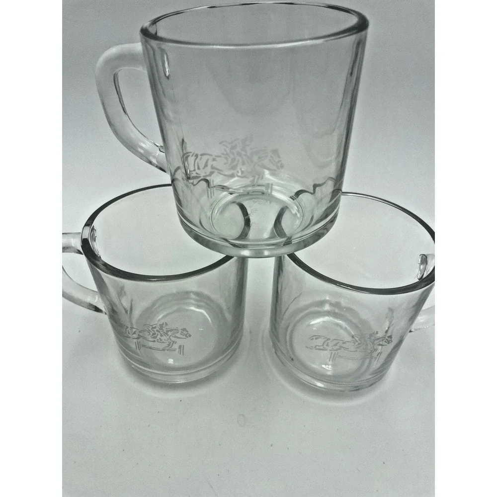 Vtg Set 3 Anchor‎ Hocking USA Glass Polo Horse Etched Equestrian Coffee Mug Cups